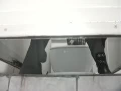 A lurking voyeur in the public pladies room films curly vagina